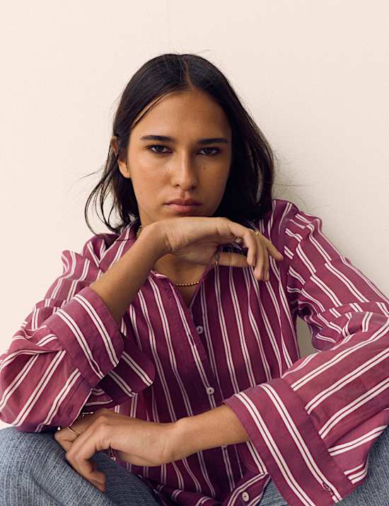 Lyocell Rich Striped Collared Relaxed Shirt