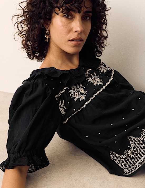 Pure Cotton Embroidered Lace Collar Blouse