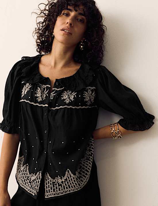 Pure Cotton Embroidered Lace Collar Blouse