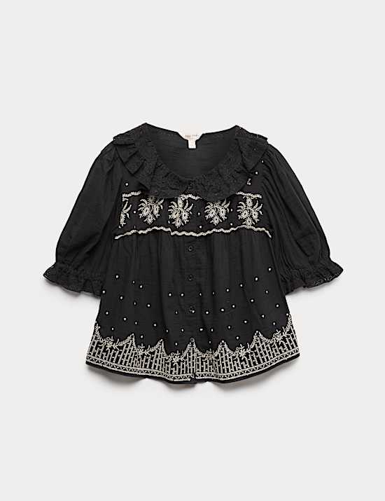 Pure Cotton Embroidered Lace Collar Blouse