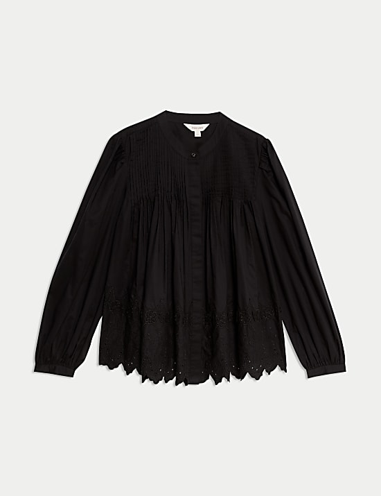 Pure Cotton Lace Detail Pintuck Blouse