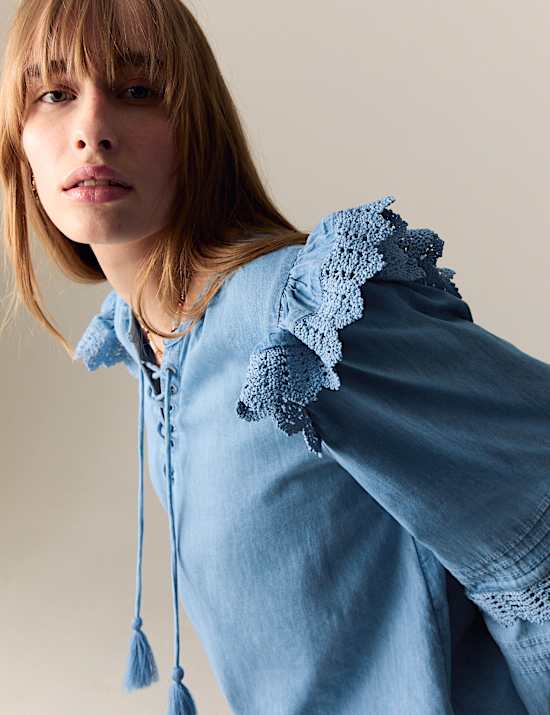 Pure Cotton Lace Up Detail Popover Blouse
