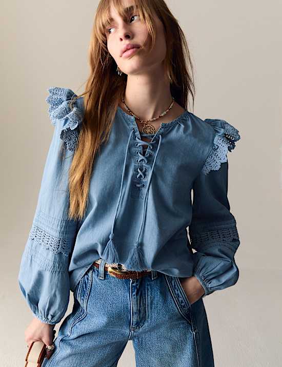 Pure Cotton Lace Up Detail Popover Blouse
