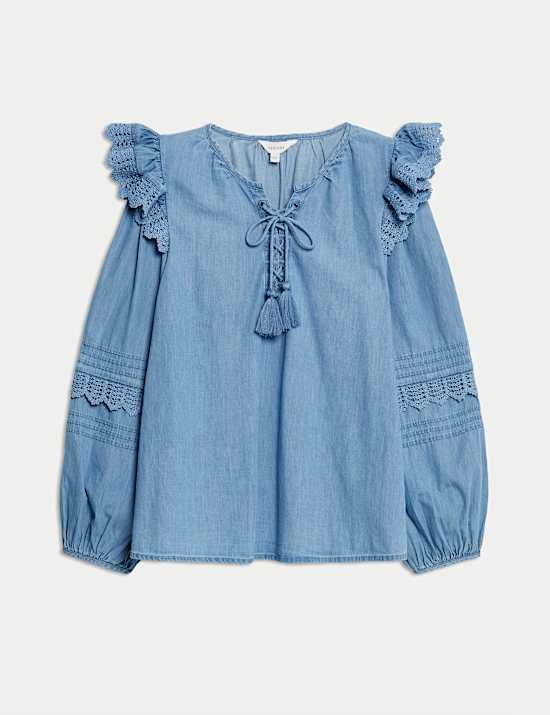 Pure Cotton Lace Up Detail Popover Blouse