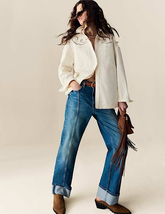 Pure Cotton Denim Collared Cutwork Shirt