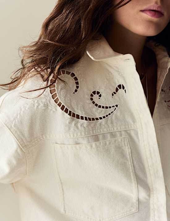 Pure Cotton Denim Collared Cutwork Shirt