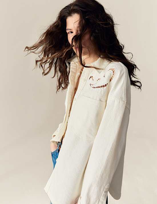 Pure Cotton Denim Collared Cutwork Shirt