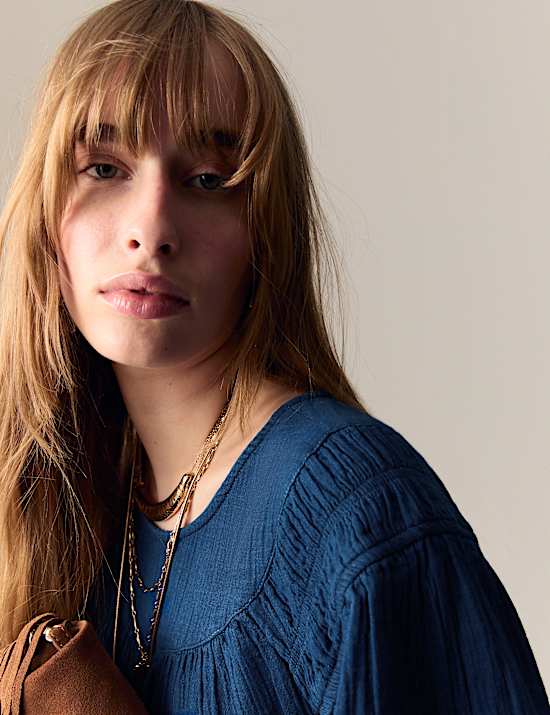 Pure Cotton Round Neck Gathered Popover Blouse