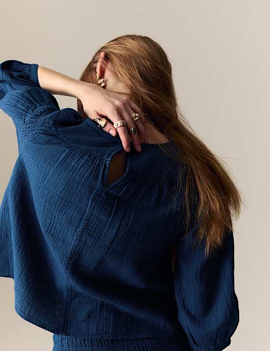 Pure Cotton Round Neck Gathered Popover Blouse