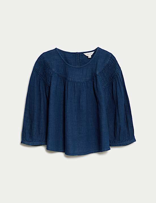 Pure Cotton Round Neck Gathered Popover Blouse