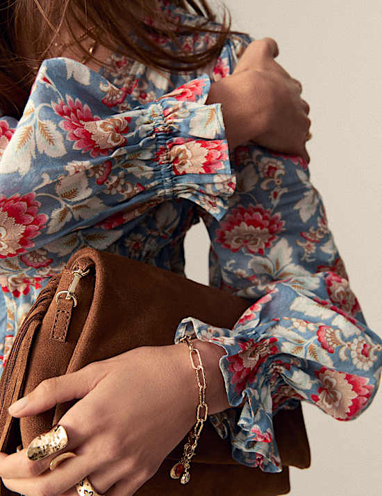 Pure Cotton Floral V-Neck Tie Front Blouse