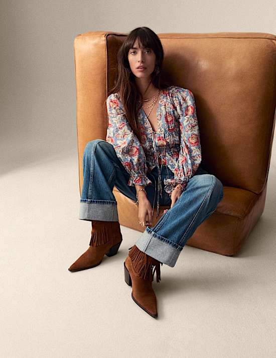 Pure Cotton Floral V-Neck Tie Front Blouse