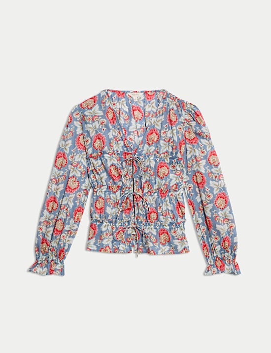 Pure Cotton Floral V-Neck Tie Front Blouse