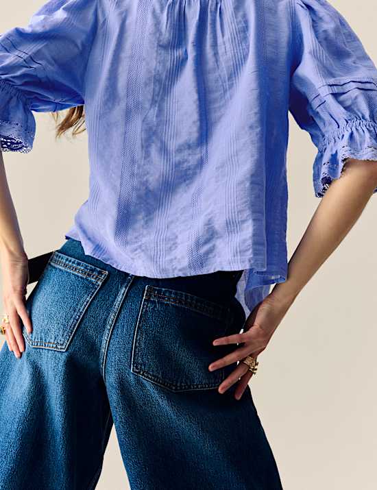 Cotton Rich Square Neck Lace Detail Puff Sleeve Blouse