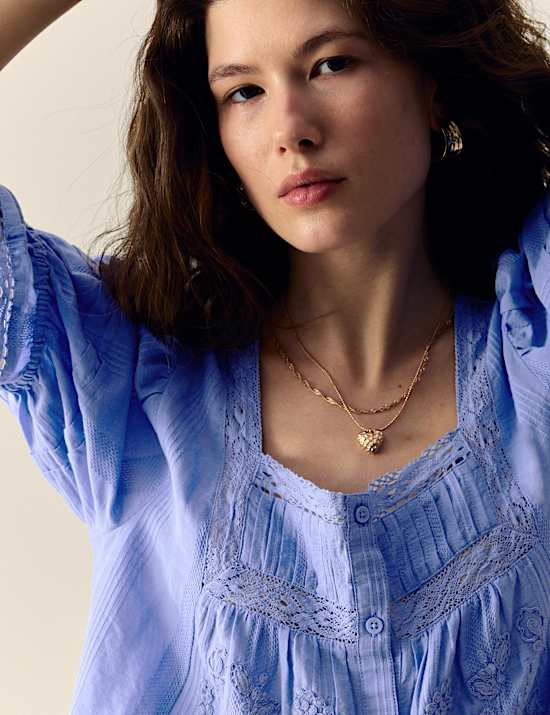 Cotton Rich Square Neck Lace Detail Puff Sleeve Blouse