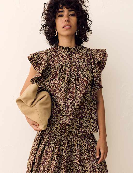 Pure Cotton Floral High Neck Ruffle Top