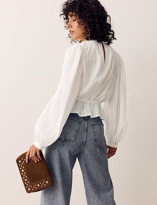 Pure Cotton Textured Tie Waist Blouse