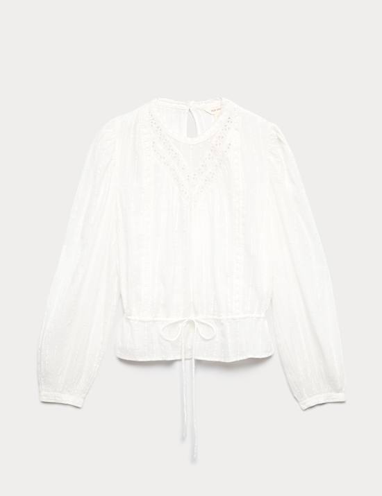 Pure Cotton Textured Tie Waist Blouse