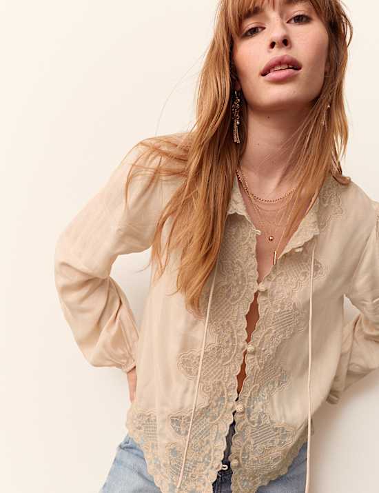 Lace Crew Neck Tie Front Blouse