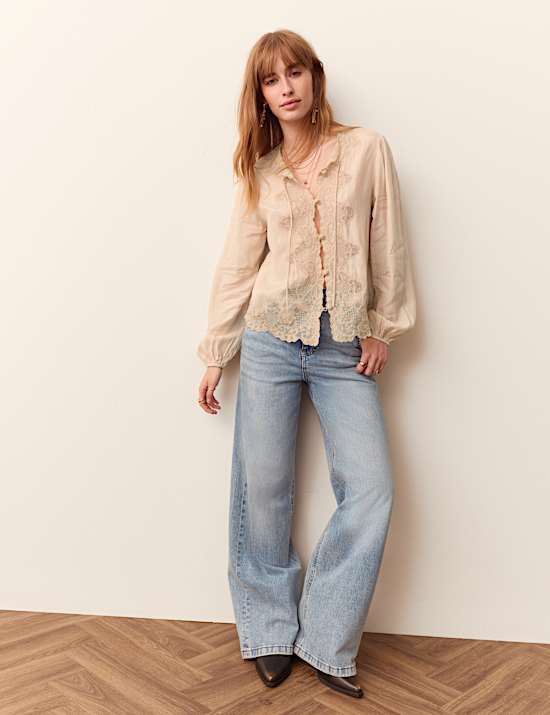Lace Crew Neck Tie Front Blouse