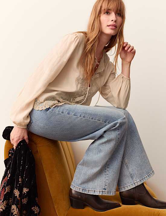 Lace Crew Neck Tie Front Blouse