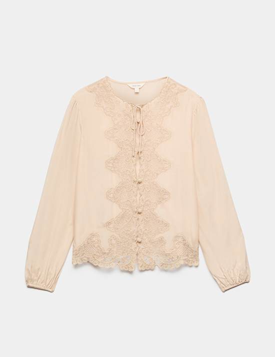 Lace Crew Neck Tie Front Blouse