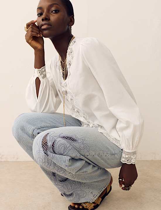 Pure Cotton Lace Detail Button Front Blouse