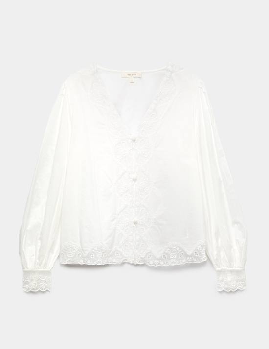 Pure Cotton Lace Detail Button Front Blouse