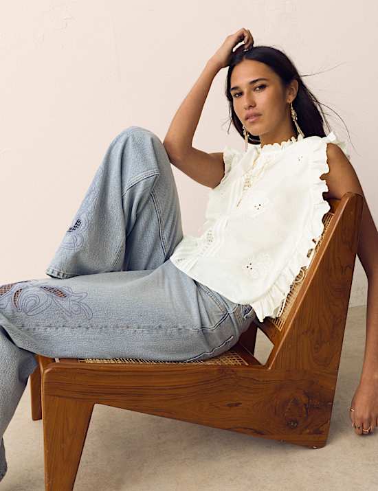 Pure Cotton Lace Insert Embroidered Top