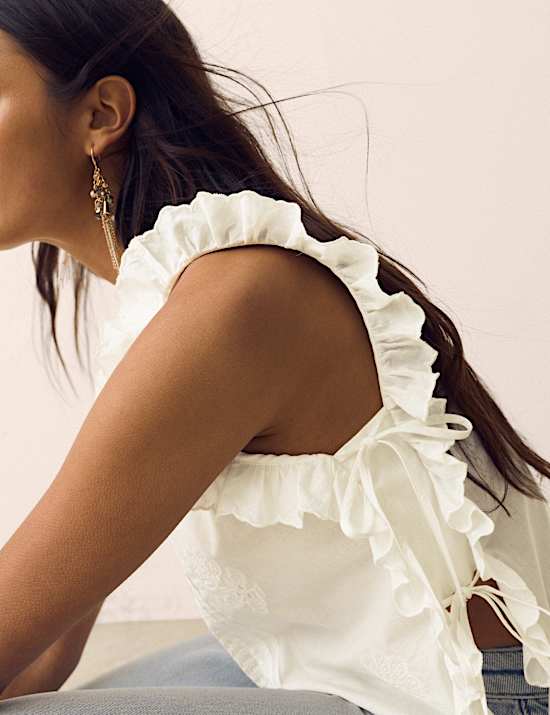 Pure Cotton Lace Insert Embroidered Top
