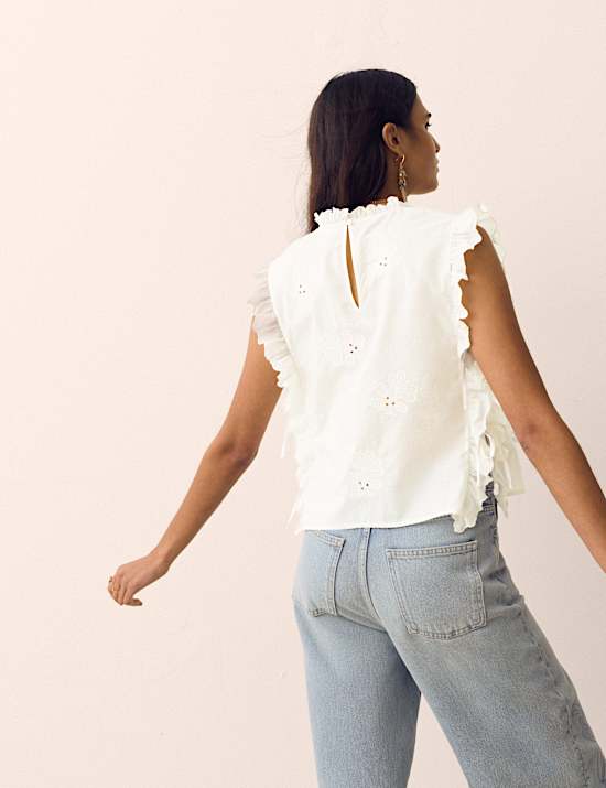 Pure Cotton Lace Insert Embroidered Top