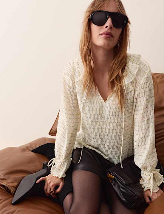 Striped Ruffle Tie Neck Blouse