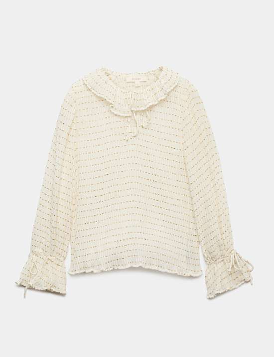 Striped Ruffle Tie Neck Blouse