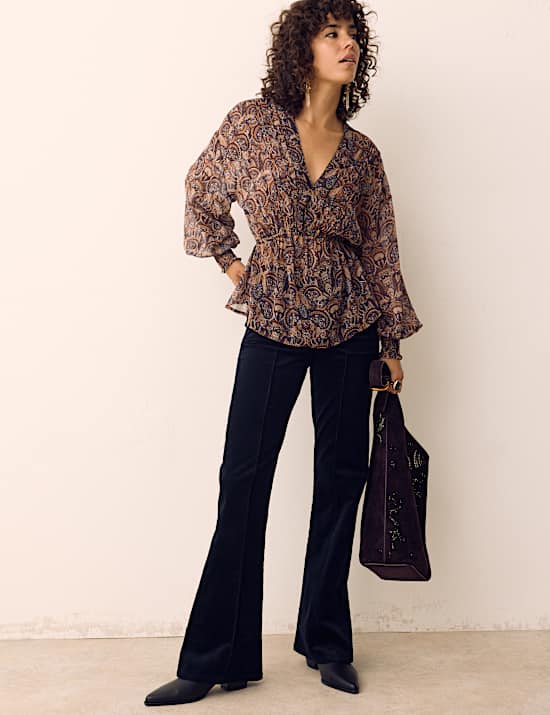 Paisley Floral V Neck Shirred Blouse
