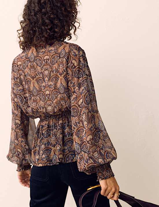 Paisley Floral V Neck Shirred Blouse