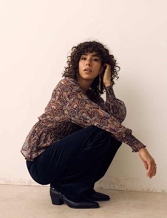 Paisley Floral V Neck Shirred Blouse