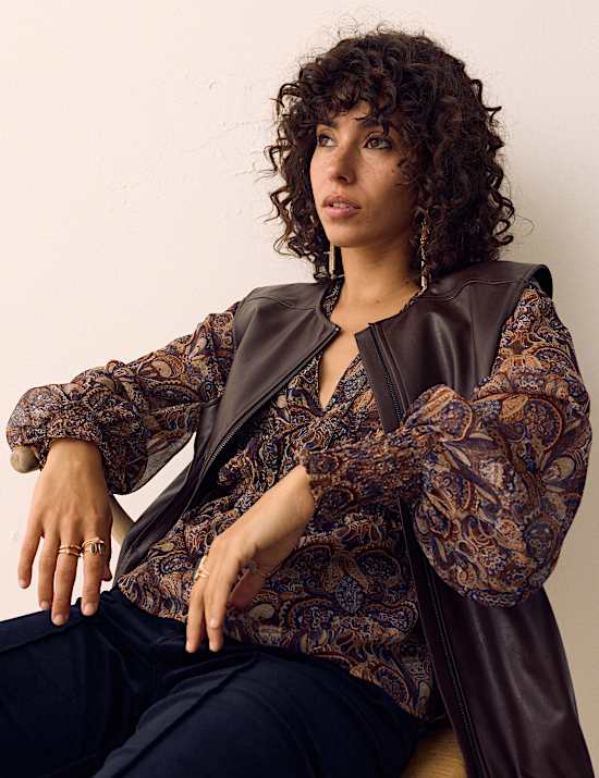 Paisley Floral V Neck Shirred Blouse