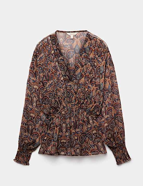 Paisley Floral V Neck Shirred Blouse