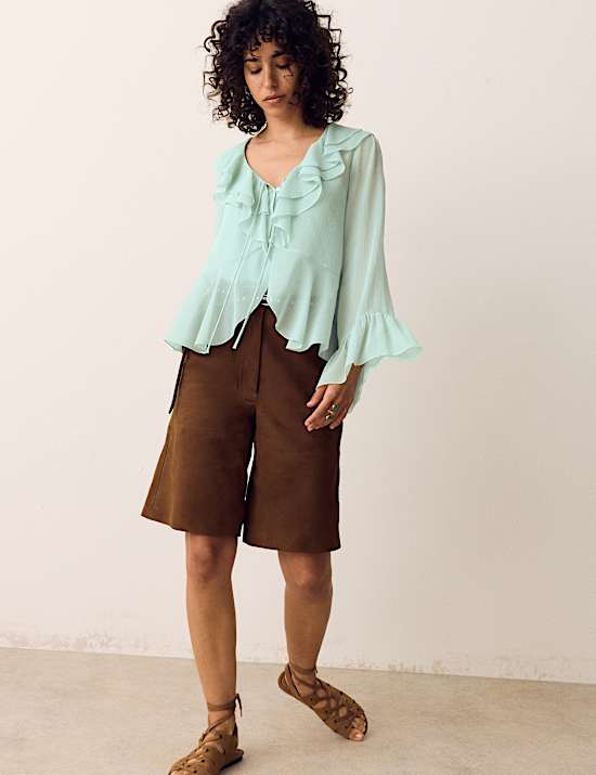 Tie Neck Ruffle Front Blouse