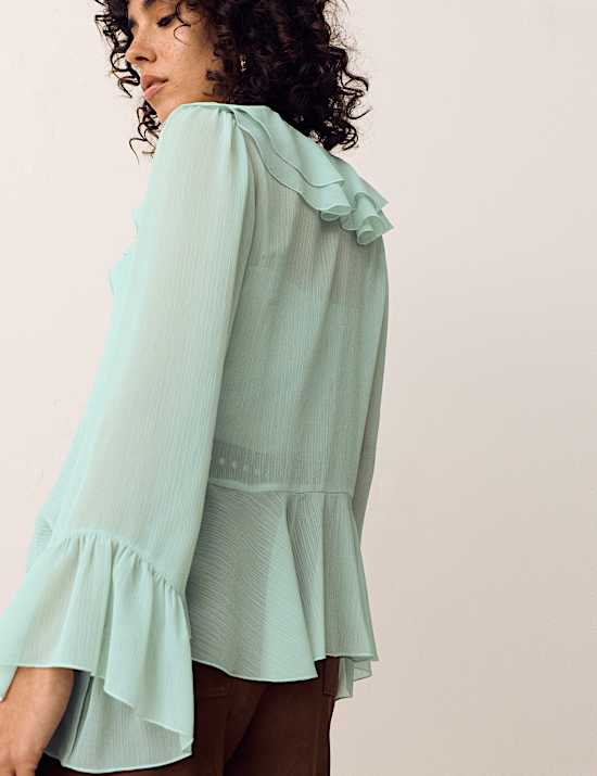Tie Neck Ruffle Front Blouse