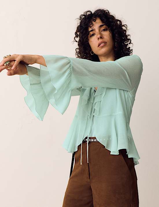 Tie Neck Ruffle Front Blouse