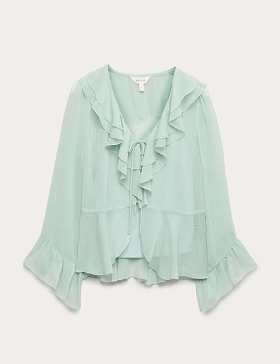 Tie Neck Ruffle Front Blouse