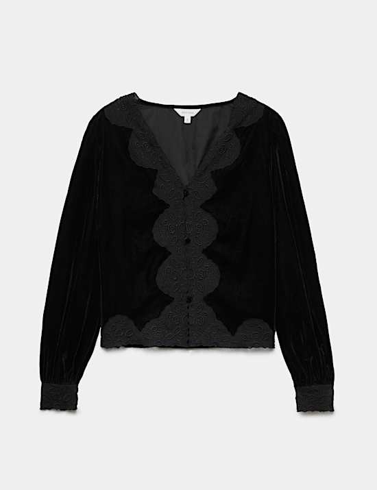 Velvet Lace Insert V Neck Blouse