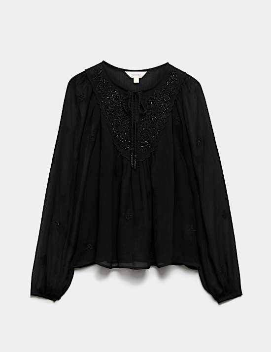 Chiffon Beaded Tie Neck Blouse