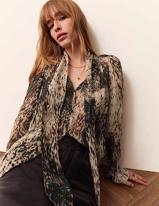 Animal Print Tie Neck Blouse