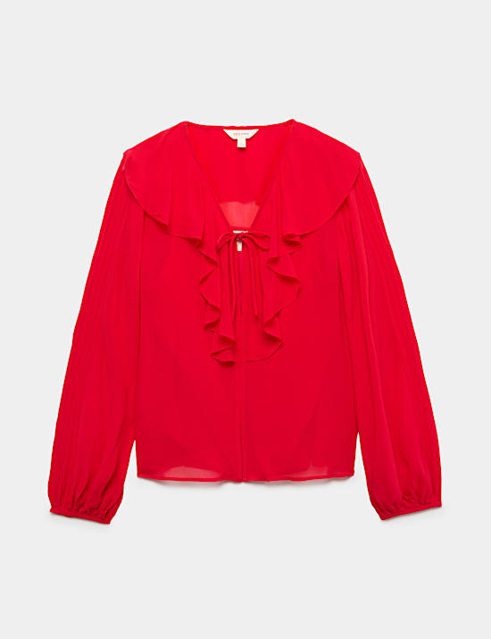 Ruffle Tie Front V Neck Blouse