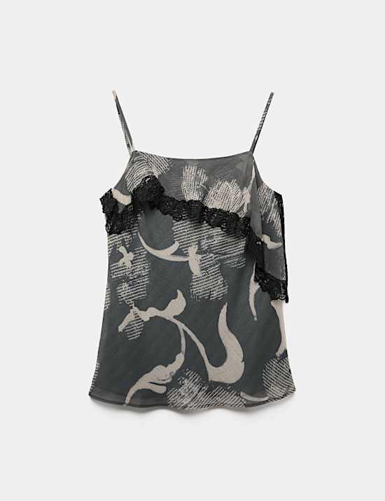 Printed Lace Trim Ruffle Cami Top