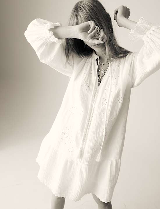 Pure Cotton Embroidered Mini Tiered Dress