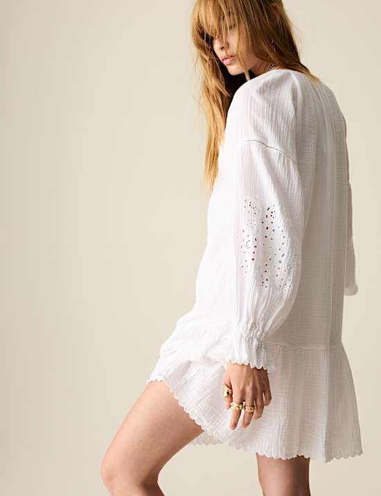 Pure Cotton Embroidered Mini Tiered Dress