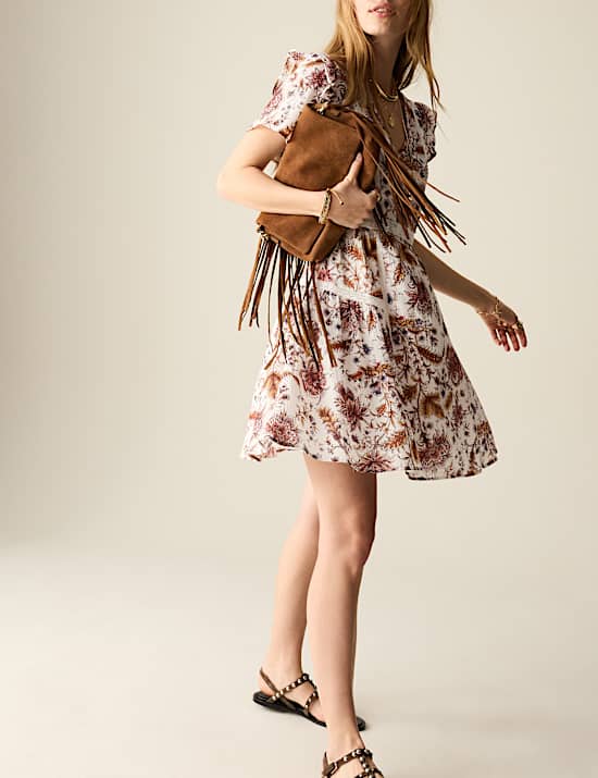 Printed V-Neck Ruffle Lace Insert Mini Dress